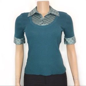 90s LOFT Knit Short Sleeve Top Satin layered Twofer Teal Burgundy size XS